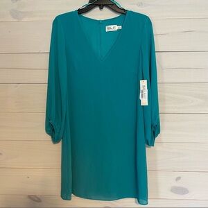 Eliza J Teal  Sheath Dress with V-Neck and Bishop Sleeves- NEW WITH TAGS